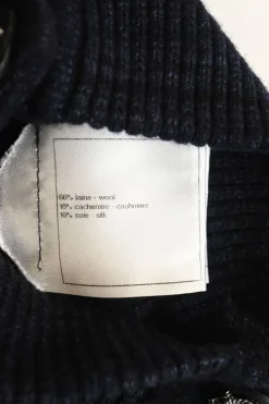 Navy blue wool-cashmere-silk knit high-neck CC logo pullover sweater with button detailing