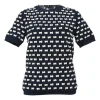 Navy bow-embellished polyamide-blend racked knit short sleeve top