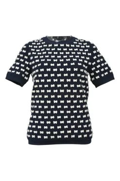 Navy bow-embellished polyamide-blend racked knit short sleeve top