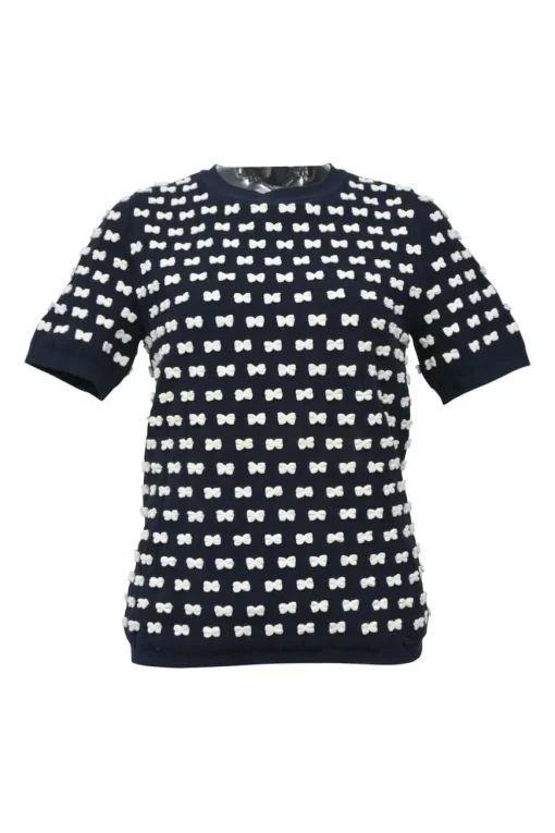 Navy bow-embellished polyamide-blend racked knit short sleeve top
