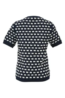 Navy bow-embellished polyamide-blend racked knit short sleeve top
