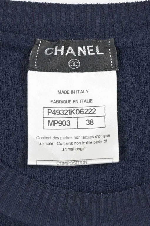 Navy bow-embellished polyamide-blend racked knit short sleeve top