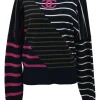 Navy cashmere colour-block stripe intarsia knit bateau neck sweater featuring Coco Mark motif