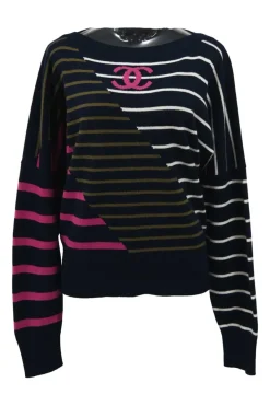 Navy cashmere colour-block stripe intarsia knit bateau neck sweater featuring Coco Mark motif