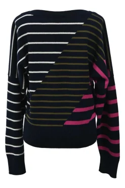 Navy cashmere colour-block stripe intarsia knit bateau neck sweater featuring Coco Mark motif