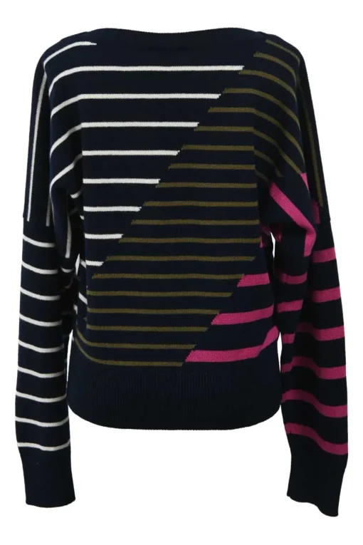 Navy cashmere colour-block stripe intarsia knit bateau neck sweater featuring Coco Mark motif