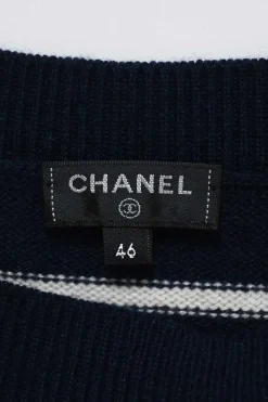 Navy cashmere colour-block stripe intarsia knit bateau neck sweater featuring Coco Mark motif