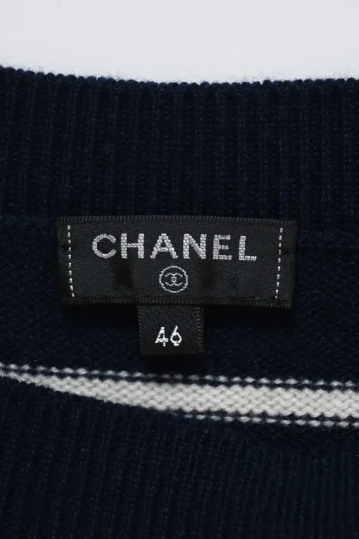 Navy cashmere colour-block stripe intarsia knit bateau neck sweater featuring Coco Mark motif