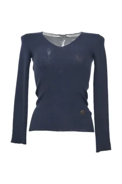 Navy cashmere fully-fashioned V-neck pullover sweater with GG heart plaque appliqué