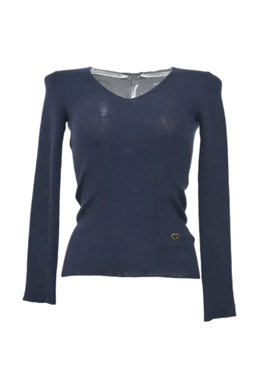 Navy cashmere fully-fashioned V-neck pullover sweater with GG heart plaque appliqué