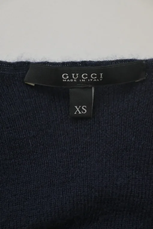 Navy cashmere fully-fashioned V-neck pullover sweater with GG heart plaque appliqué