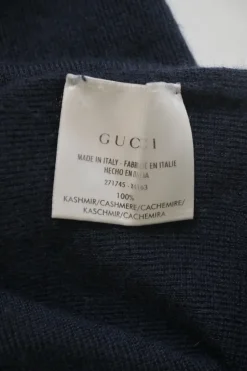 Navy cashmere fully-fashioned V-neck pullover sweater with GG heart plaque appliqué
