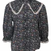 Navy cotton Dallas floral ditsy print button-front blouse with lace-trimmed Chelsea collar
