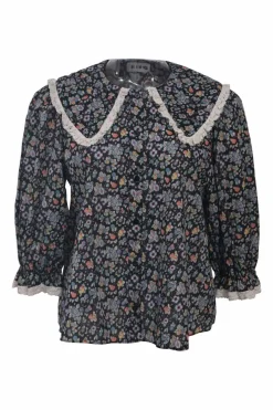 Navy cotton Dallas floral ditsy print button-front blouse with lace-trimmed Chelsea collar
