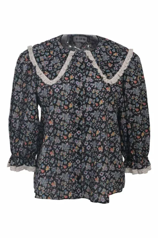 Navy cotton Dallas floral ditsy print button-front blouse with lace-trimmed Chelsea collar