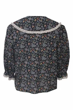 Navy cotton Dallas floral ditsy print button-front blouse with lace-trimmed Chelsea collar
