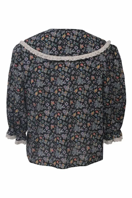Navy cotton Dallas floral ditsy print button-front blouse with lace-trimmed Chelsea collar