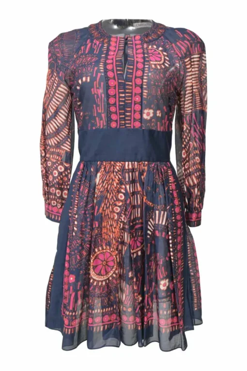 Navy cotton Dutch wax floral print paneled keyhole-front long sleeve mini dress