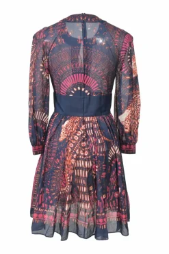 Navy cotton Dutch wax floral print paneled keyhole-front long sleeve mini dress