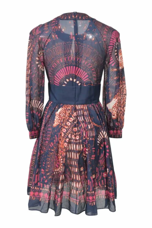 Navy cotton Dutch wax floral print paneled keyhole-front long sleeve mini dress