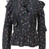 Navy cotton floral clip jacquard tassel tie band collar button-loop shirtwaist-style ruffle peplum blouse