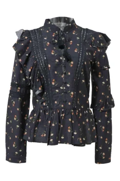 Navy cotton floral clip jacquard tassel tie band collar button-loop shirtwaist-style ruffle peplum blouse
