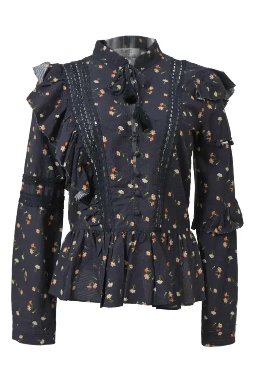 Navy cotton floral clip jacquard tassel tie band collar button-loop shirtwaist-style ruffle peplum blouse
