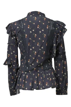 Navy cotton floral clip jacquard tassel tie band collar button-loop shirtwaist-style ruffle peplum blouse