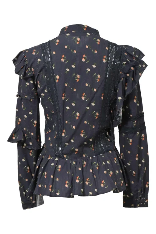 Navy cotton floral clip jacquard tassel tie band collar button-loop shirtwaist-style ruffle peplum blouse
