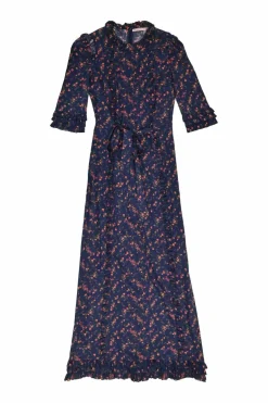 Navy cotton floral print tie-waist ruffled Cate day dress