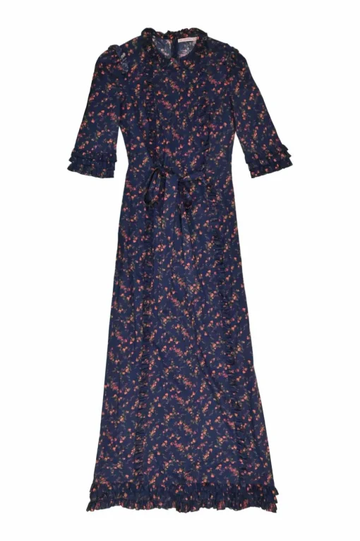 Navy cotton floral print tie-waist ruffled Cate day dress