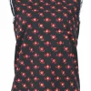 Navy cotton floral print ruffled sleeveless knit top with keyhole back