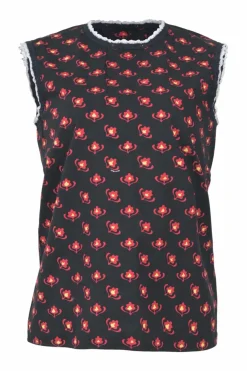 Navy cotton floral print ruffled sleeveless knit top with keyhole back