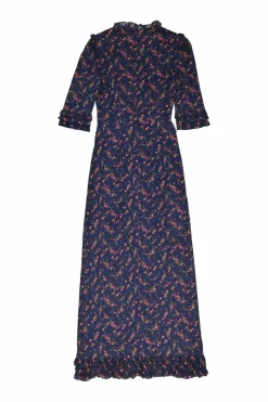 Navy cotton floral print tie-waist ruffled Cate day dress