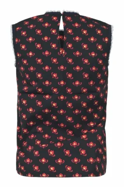 Navy cotton floral print ruffled sleeveless knit top with keyhole back
