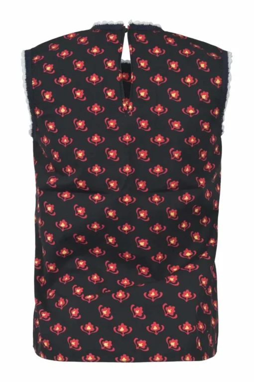 Navy cotton floral print ruffled sleeveless knit top with keyhole back