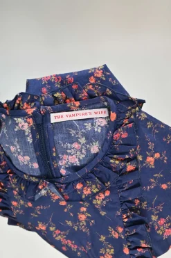 Navy cotton floral print tie-waist ruffled Cate day dress
