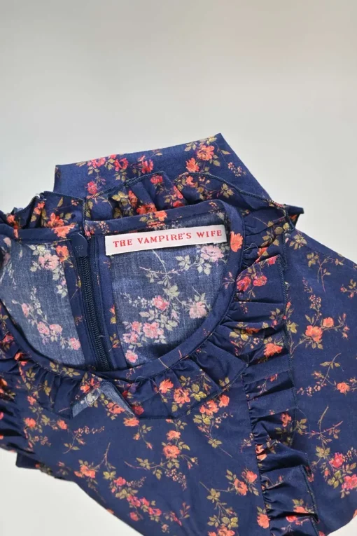 Navy cotton floral print tie-waist ruffled Cate day dress