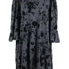 Navy cotton jersey dress with black floral appliques, flare hem and cuffs