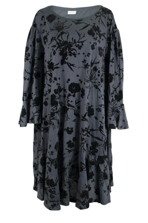 Navy cotton jersey dress with black floral appliques, flare hem and cuffs