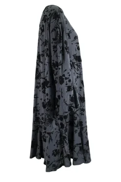 Navy cotton jersey dress with black floral appliques, flare hem and cuffs