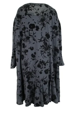 Navy cotton jersey dress with black floral appliques, flare hem and cuffs