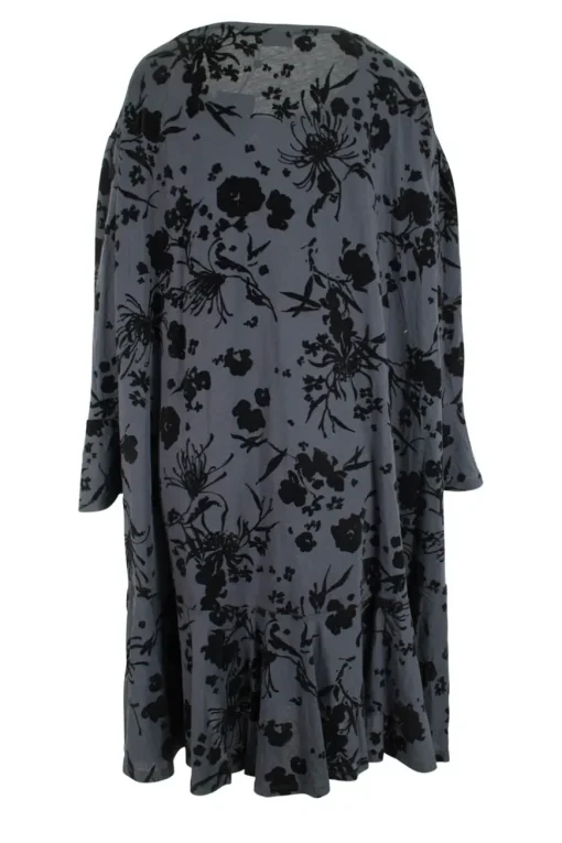 Navy cotton jersey dress with black floral appliques, flare hem and cuffs