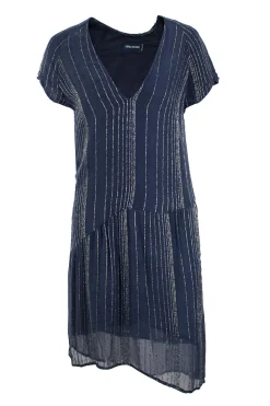 Navy cotton mini dress with silver embroidery.