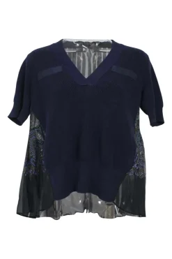 Navy cotton mixed-media V-neck swing-style short sleeve pullover knit top with tuck pleat back