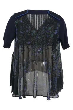 Navy cotton mixed-media V-neck swing-style short sleeve pullover knit top with tuck pleat back