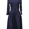 Navy cotton poplin paneled A-line midi shirt dress with cutout edge trim detailing