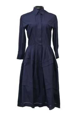 Navy cotton poplin paneled A-line midi shirt dress with cutout edge trim detailing