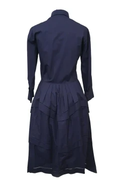 Navy cotton poplin paneled A-line midi shirt dress with cutout edge trim detailing