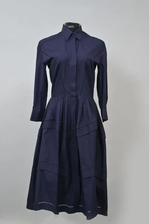 Navy cotton poplin paneled A-line midi shirt dress with cutout edge trim detailing